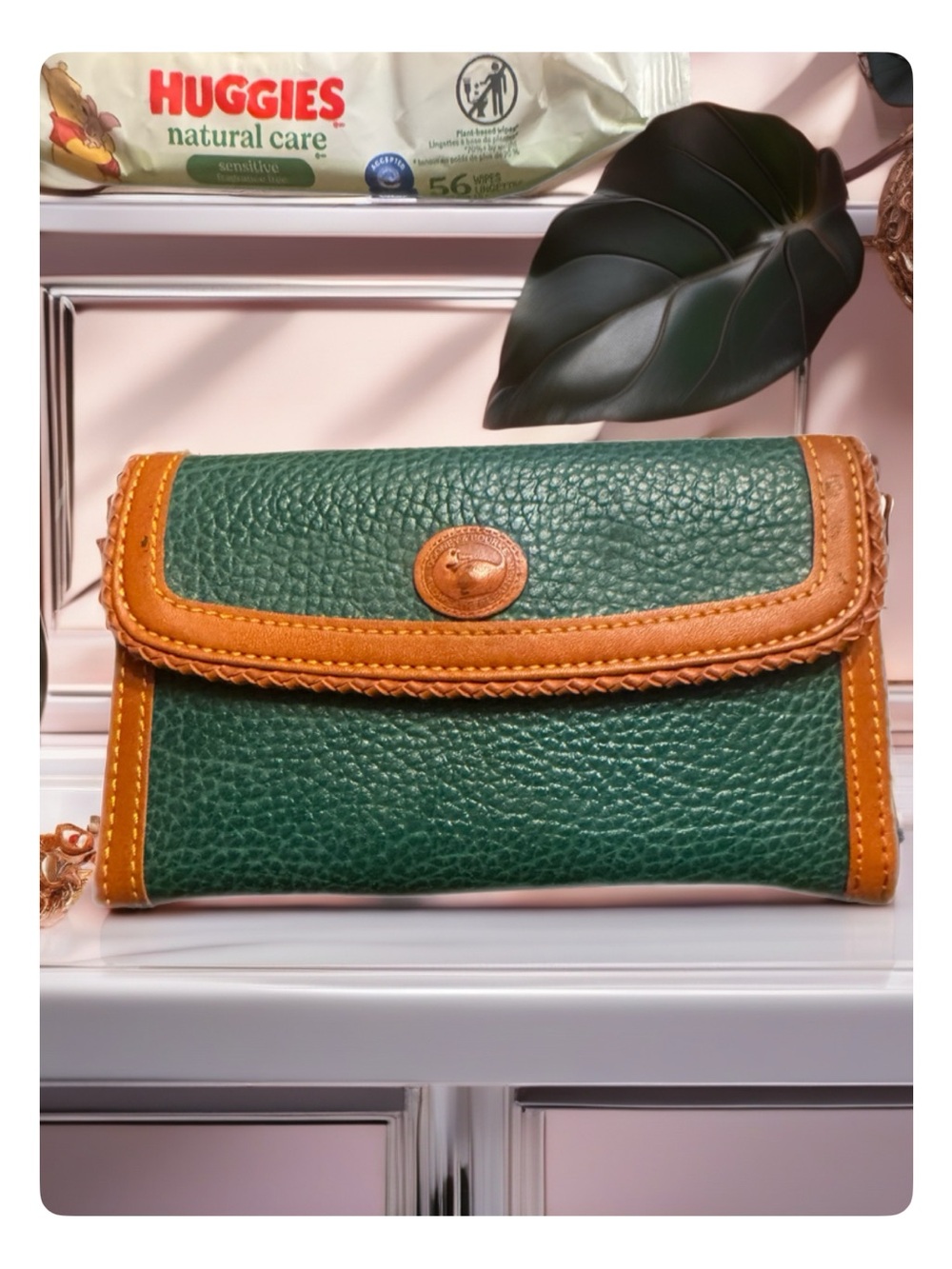 Dooney & Bourke Green Pebbled Leather Clutch Wallet with Tan Trim